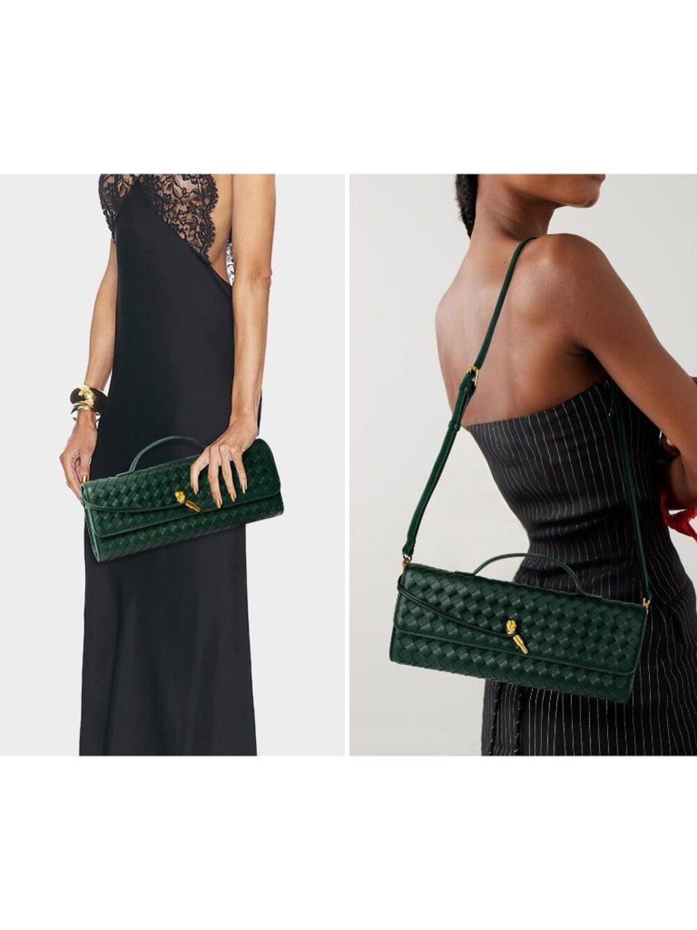 Women Emerald Green Woven Leather Clutch Vegan Purse Formal Crossbody Handbags - Picture 2 of 7